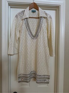 TAJ by Sabrina Crippa Ivory Crochet Beaded V-Neck Swim Coverup
